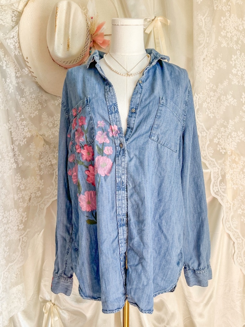 Handpainted Floral Denim Chambray Button Up – Oversized Prairie Artist Shirt